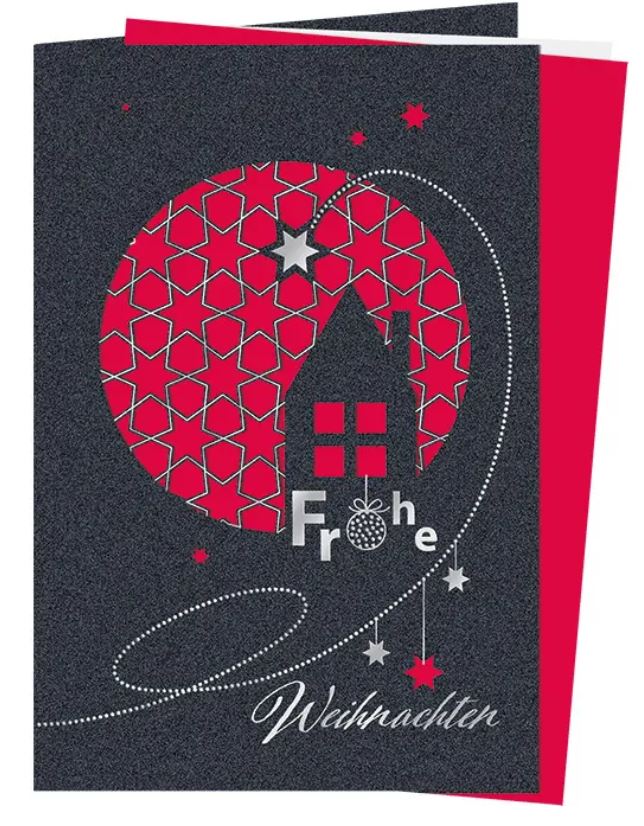 Elegante Laserweihnachtskarte "Weihnachtshaus" in anthrazit mit rotem Einlegeblatt und Silberfolienprägung