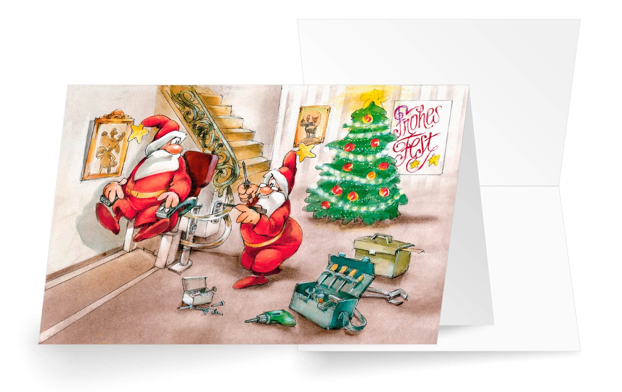 Farbenfrohe Weihnachtskarte für Treppenlift-Anbieter und Aufzugsunternehmen mit Weihnachtsgruß