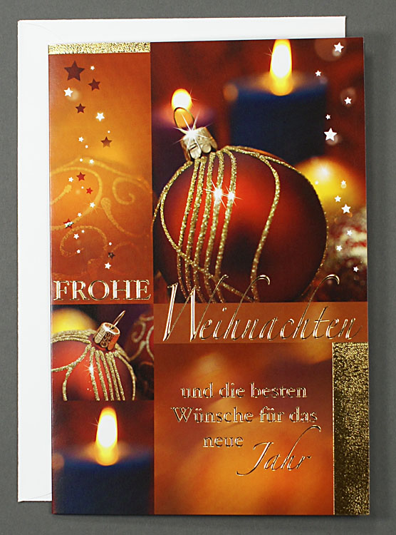 Weihnachtskarte mit Kugeln, Kerzen und Sternen mit Goldfolie