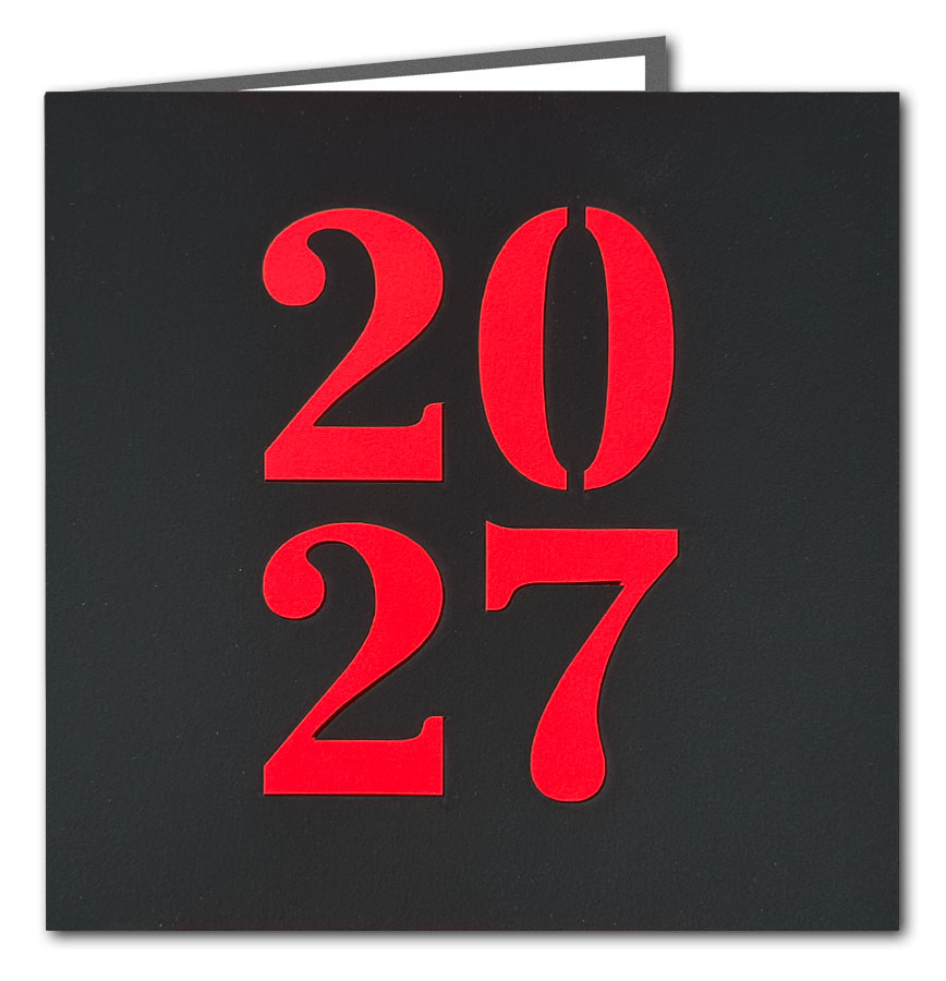 Mattschwarze Neujahrskarte mit Laserstanzung 2027 und rotem Einlegeblatt