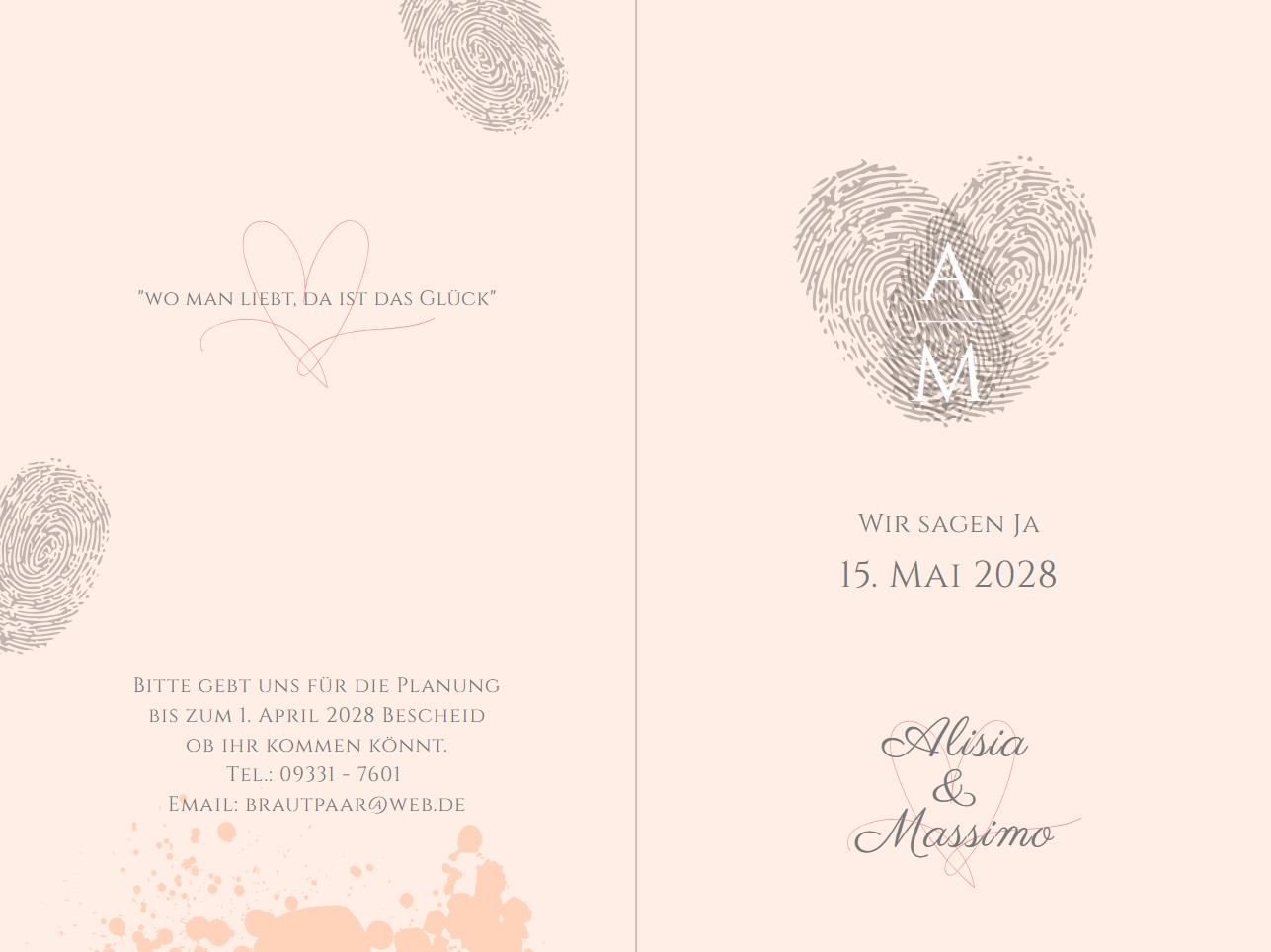 Einladungskarte zur Hochzeit in zartem apricot mit personalisierbarem Herz aus Fingerabdrücken - Aufgeklappt Seite 1 und 4
