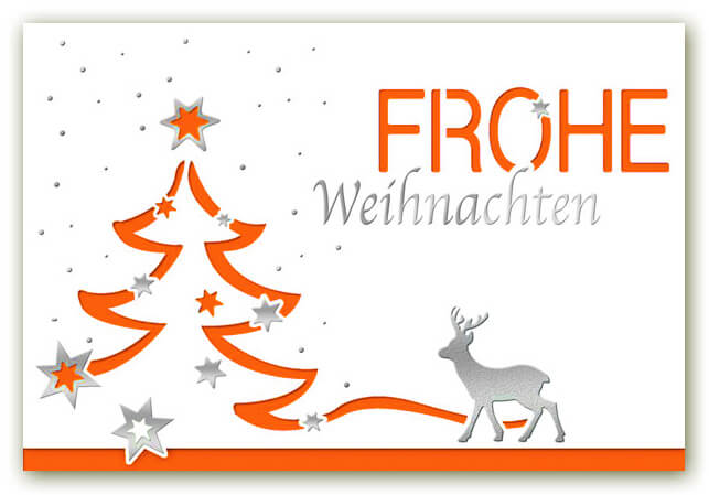 Weihnachtskarte in weiss mit orangenem Falteinleger, Baumstanzung und Gruß "Frohe Weihnachten"