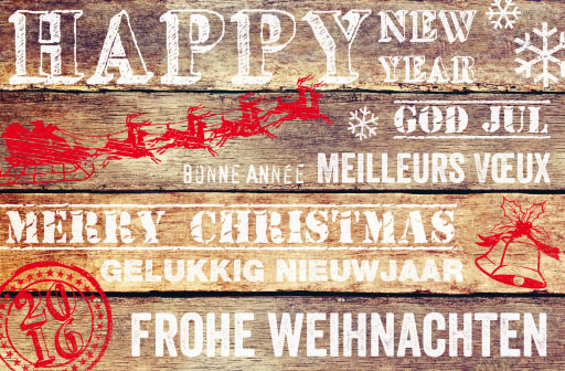 Weihnachtskarte mehrsprachig mit weißer Schrift & roter Folie
