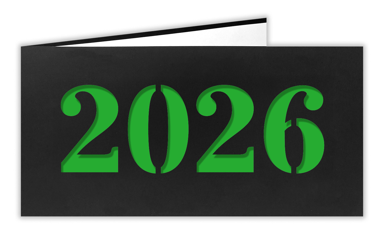 Neujahrskarte schwarz mit Laserstanzung 2026 und grünem Einlegeblatt