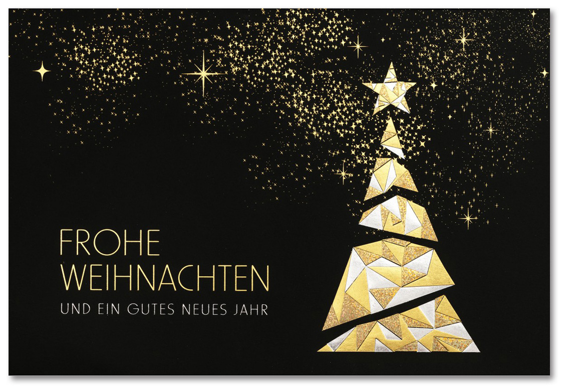 Weihnachtskarte schwarz Frohe Weihnachten und ein gutes neues Jahr Weihnachtsbaum Sternenstaub