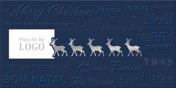 Logo-Weihnachtskarte blau mit Fensterstanzung und Rentieren international
