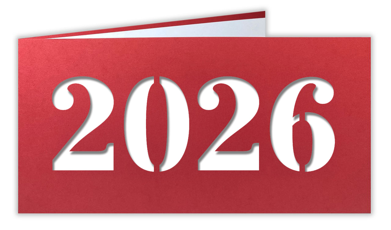 Rote Neujahrskarte aus Design-Karton mit Laserstanzung 2026 und weissem Einlegeblatt