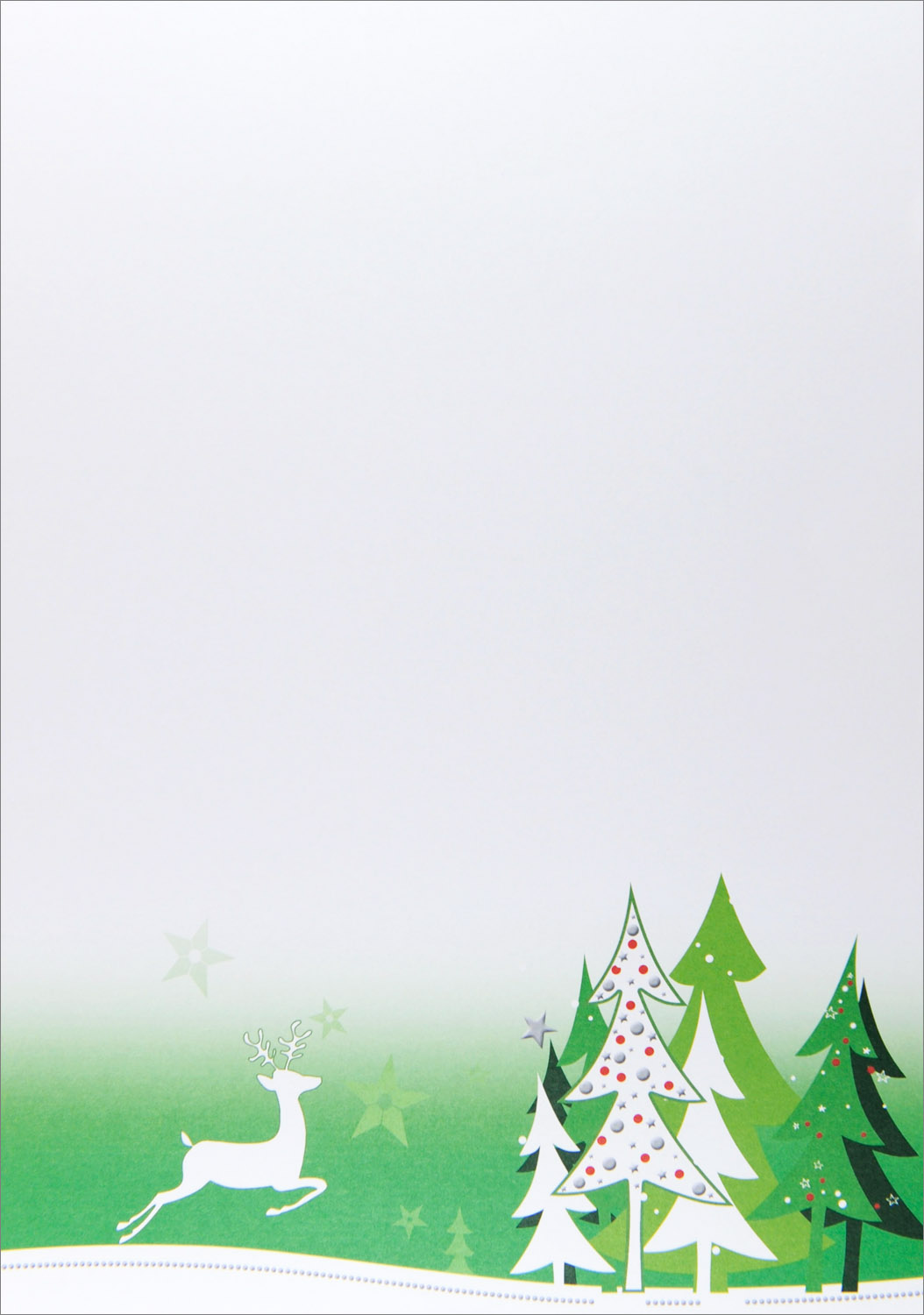 Weihnachtsbrief mit Weihnachtsbäumen und Rentier in grünen Farbtönen