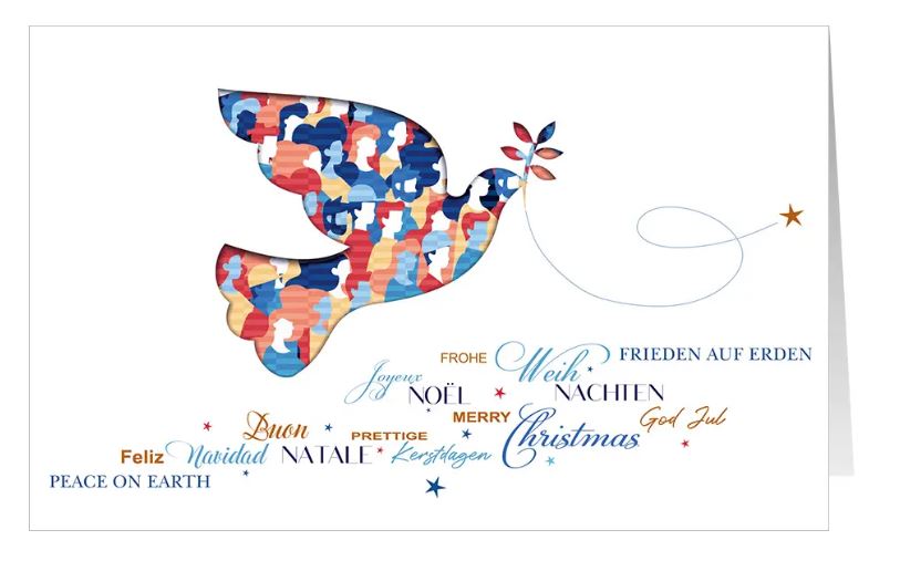 Friedens-Weihnachtskarte "Hoffnungsvoller Bote" mit internationalen Weihnachtsgrüßen und Friedenstaube