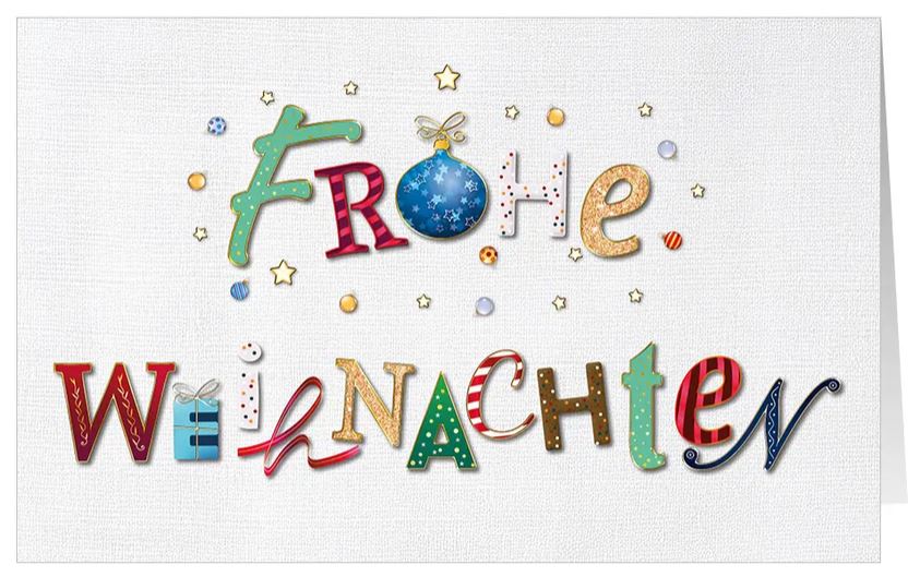 Weihnachtskarte "Kunterbuntes Fest" im farbenfrohen Typografie-Design mit Gruß FROHE WEIHNACHTEN