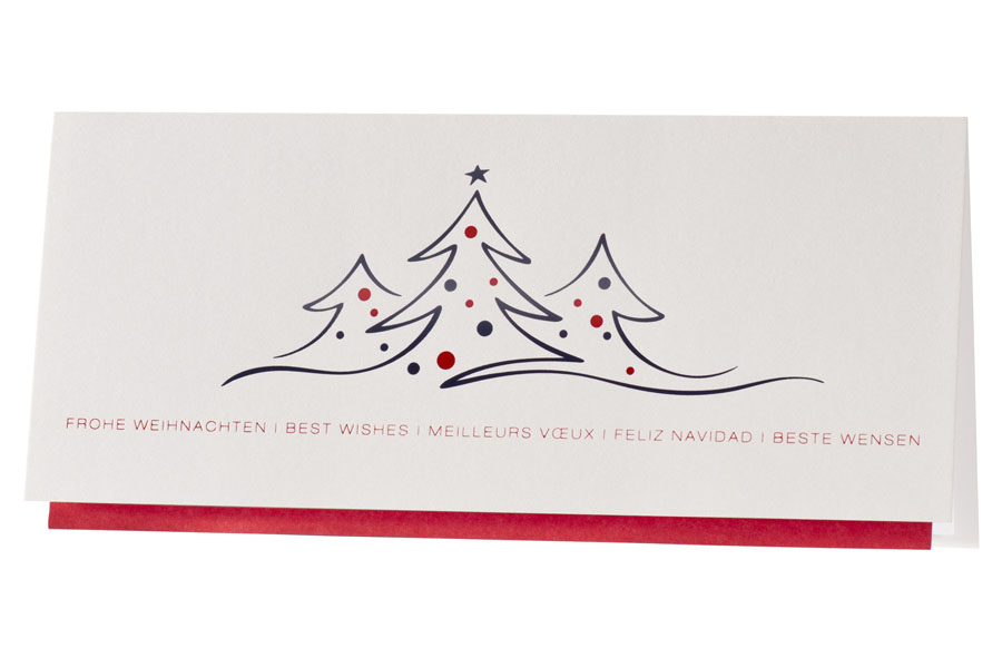 Weihnachtskarte weiß mit Weihnachtsbäumen, Einleger rot