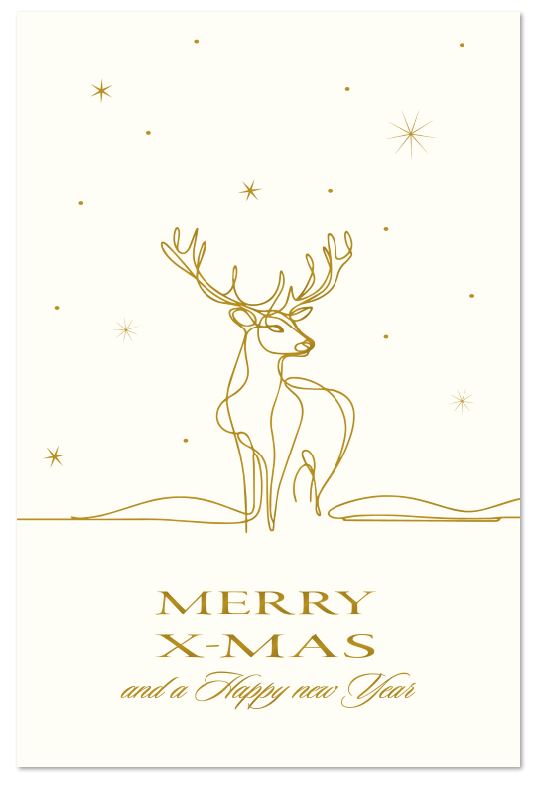 Perlmuttfarbene Weihnachtskarte im eleganten Design mit prächtigem Hirsch und englischsprachigem Gruß