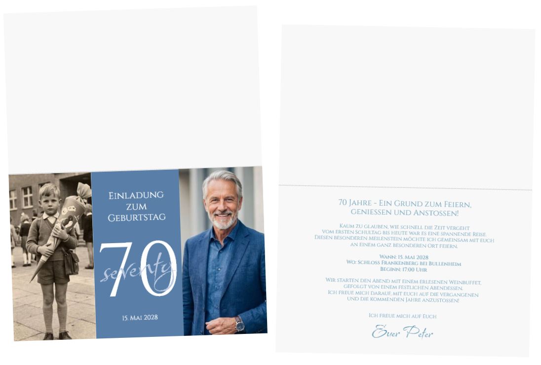 Geburtstagseinladung "Zeitenreise" zum 70. Geburtstag als Klappkarte mit eigenen Bildern und Text