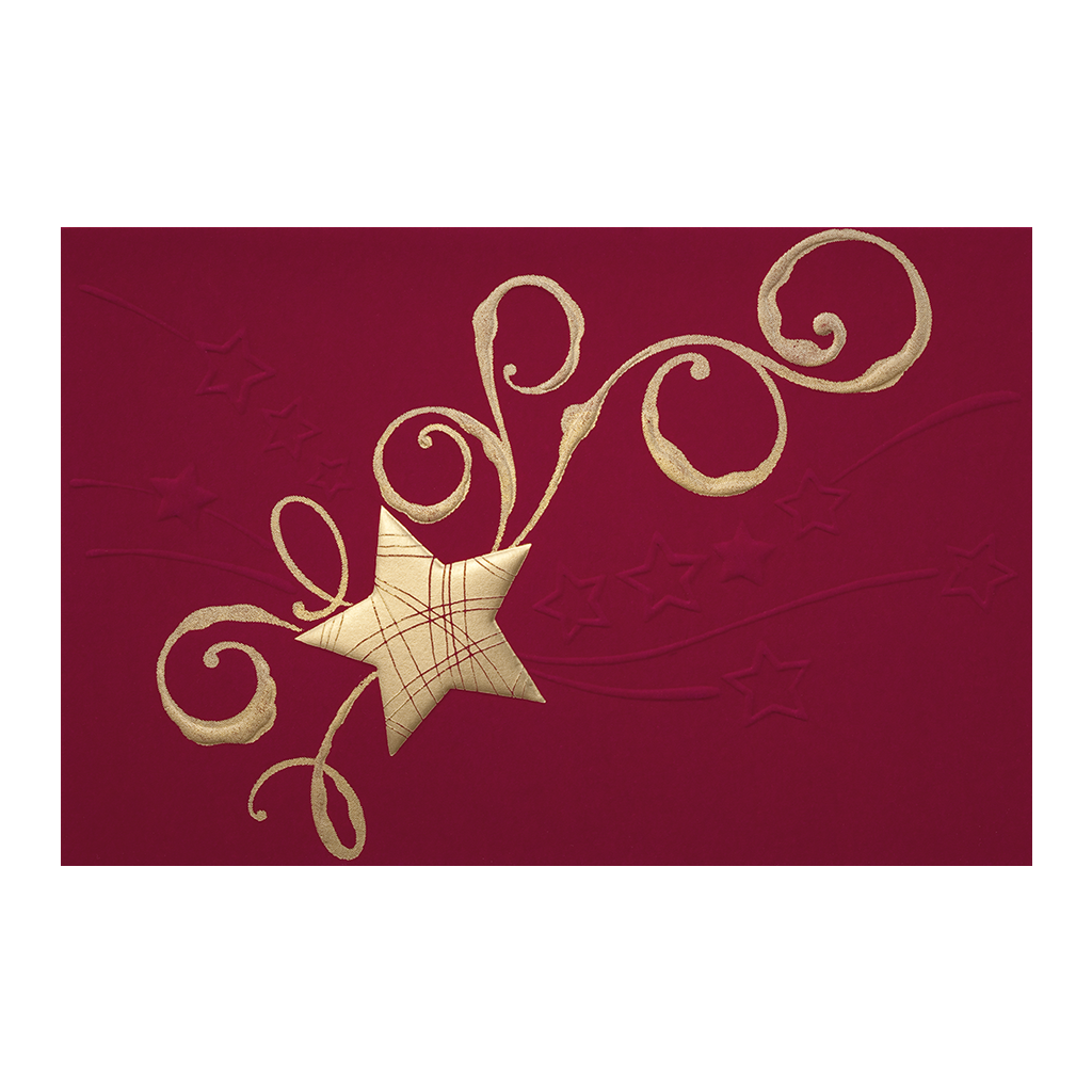 Weihnachtskarte luxuriös bordeauxrot mit goldener Folienprägung & Relief