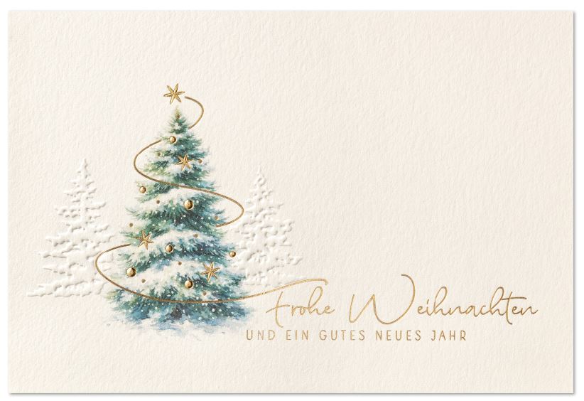 Weihnachtskarte in Cremeweiß mit Tannen und Weihnachtsbaum, veredelt mit fühlbarer Blind- und Goldfolienprägung