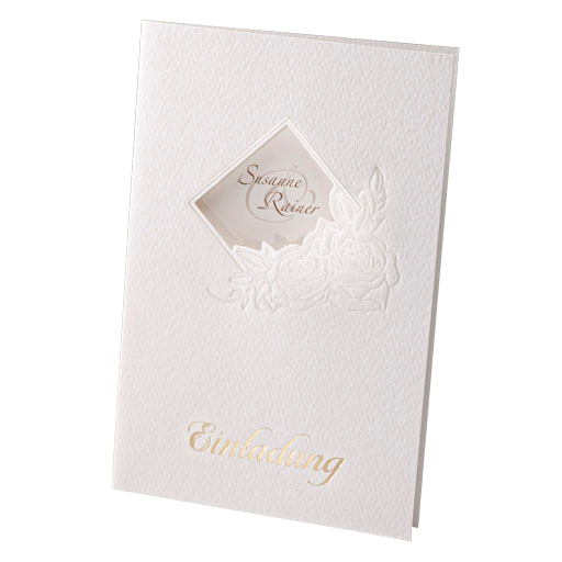 Einladungkarte mit Fensterstanzung, Rosenmotiv und Schriftzug