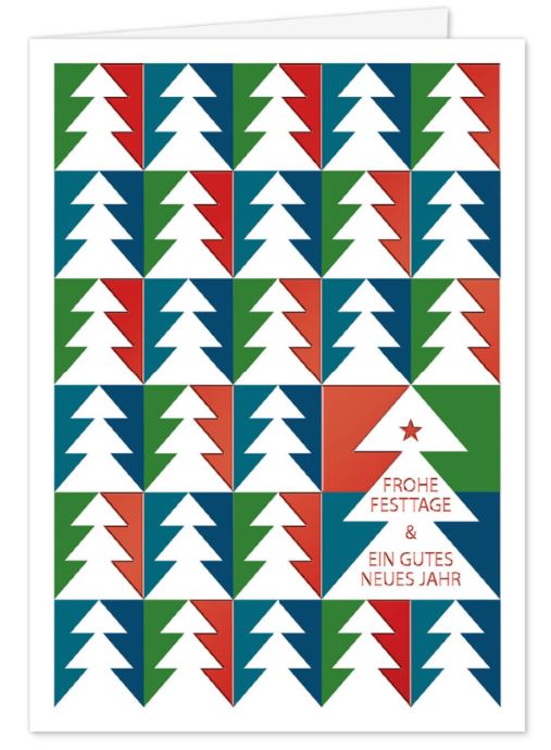 Kreative Weihnachtskarte im Mosaik-Design mit Tannenbäumen und Weihnachtsgruß, Foliendruck rot