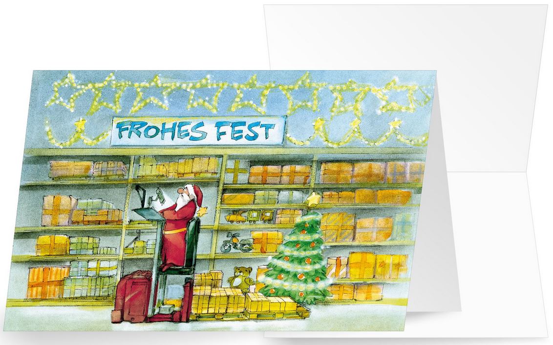 Lustige Weihnachtskarte mit Gruß "Frohes Fest", Sternen und dem Weihnachtsmann auf dem Stapler