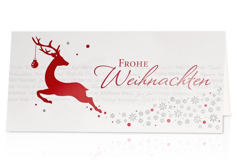 Weihnachtskarte mit rotem Rentier Frohe Weihnachten international