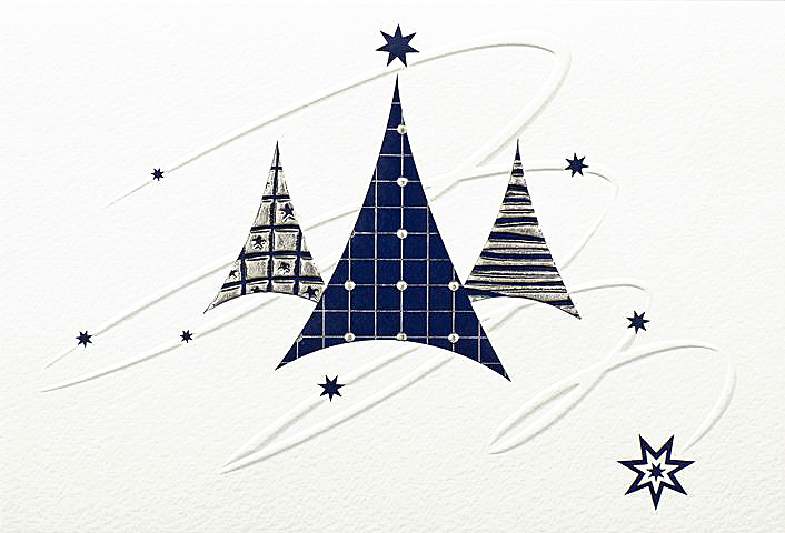 Weihnachtskarte creme mit abstrakten Weihnachtsbäumen & Sternen