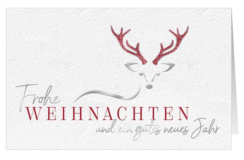 Weihnachtskarte "Weihnachtsfantasie" mit prächtigem Hirsch und Weihnachtsgruß, teilweise in silber geprägt