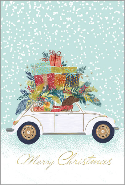 Spendenkarte "Geschenkeberg" im Retro-Stil mit englischsprachigem Weihnachtsgruß und Gutem Zweck: Deutsches Kinderhilfswerk e.V.