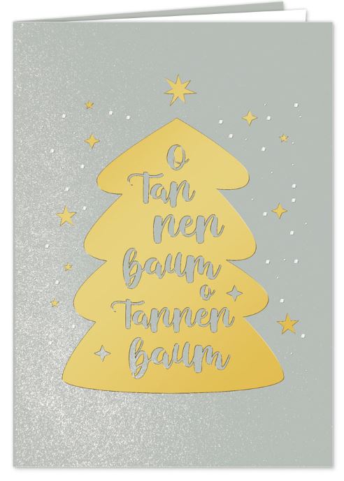 Silbergraue Weihnachtskarte „O Tannenbaum“ mit edler Goldfolienprägung, inkl. Falteinleger weiß innen