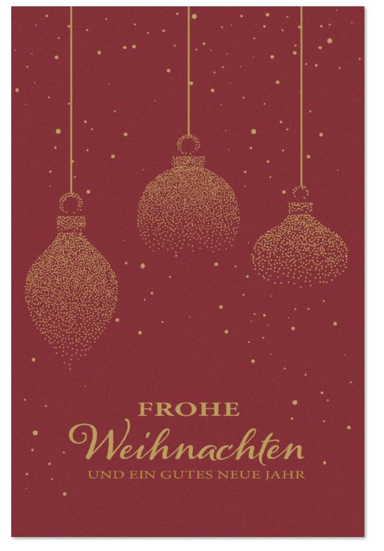 Weihnachtsgrußkarte "Festliche Kugeln" in dunkelrot mit hängenden Weihnachtskugeln und Gruß, inkl. Falteinleger innen