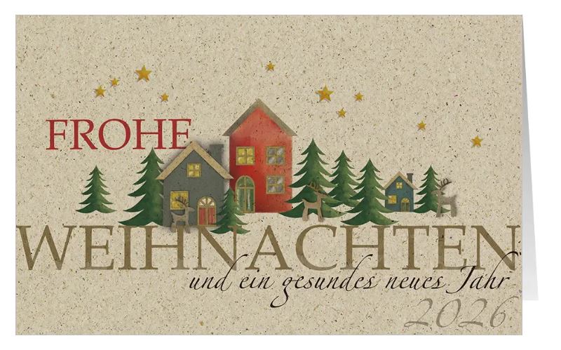 Weihnachtskarte aus Graspapier "Dorfidylle" mit Häusern, Tannen und Weihnachtsgruß mit Jahreszahl 2026