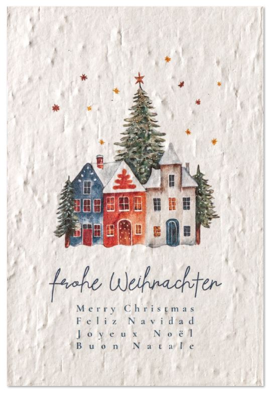 Nachhaltige Weihnachtskarte aus Samenpapier mit buntem Aquarell-Häusermotiv und internationalen Festtagswünschen