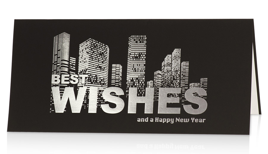 Weihnachtskarte schwarz silber mit englischem Text Wolkenkratzer