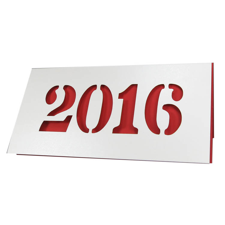 Neujahrskarte weiß mit rotem Einlegeblatt 2016 Laserschnitt