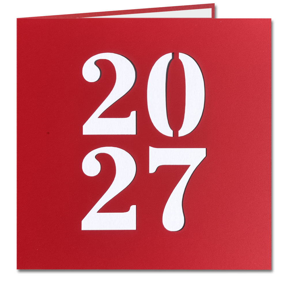 Rote Neujahrskarte aus Design-Karton mit Laserstanzung 2027 und weißem Einlegeblatt