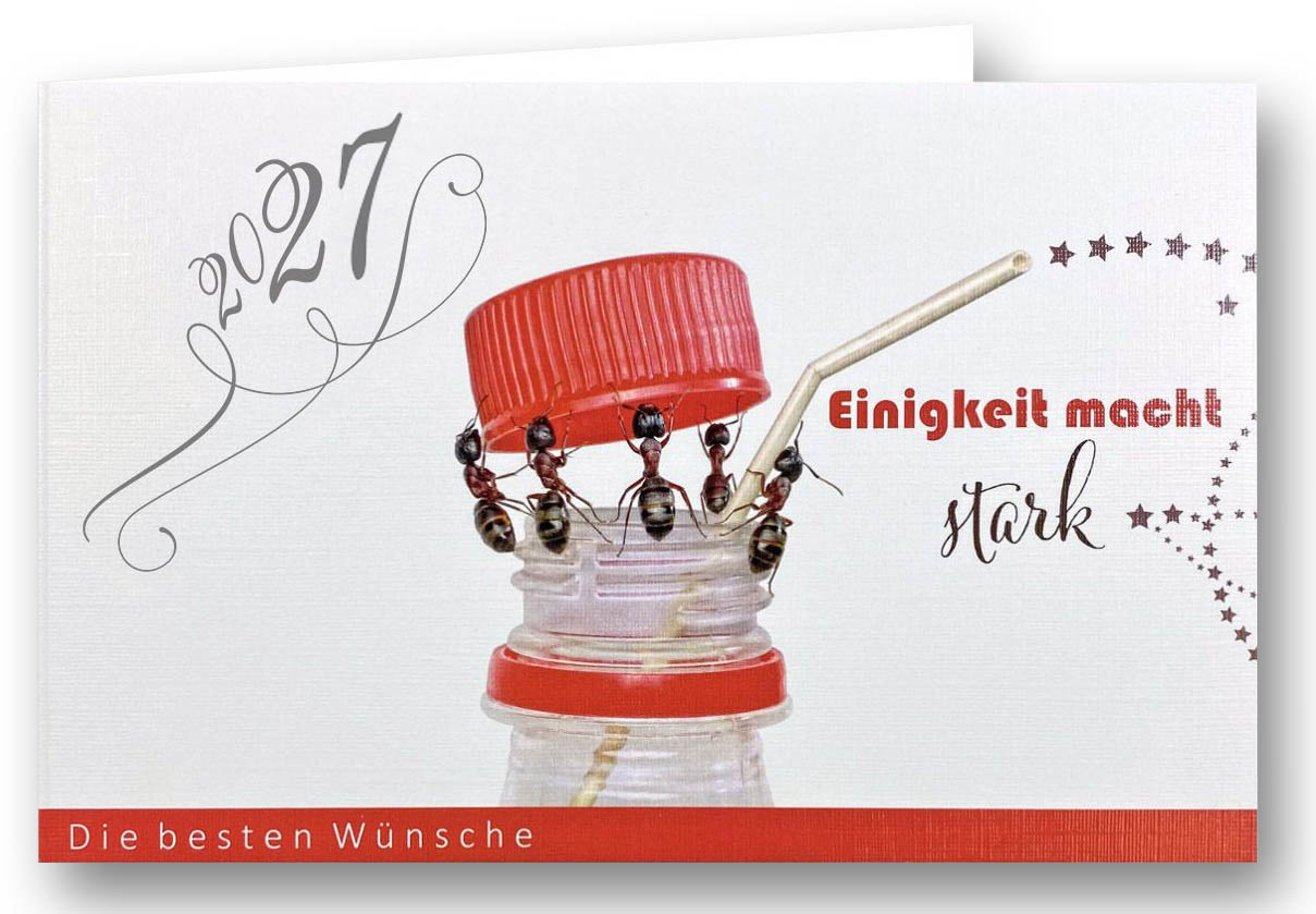 Witzige Spenden-Neujahrskarte mit Ameisen und gutem Zweck: Deutsche Alzheimer Gesellschaft