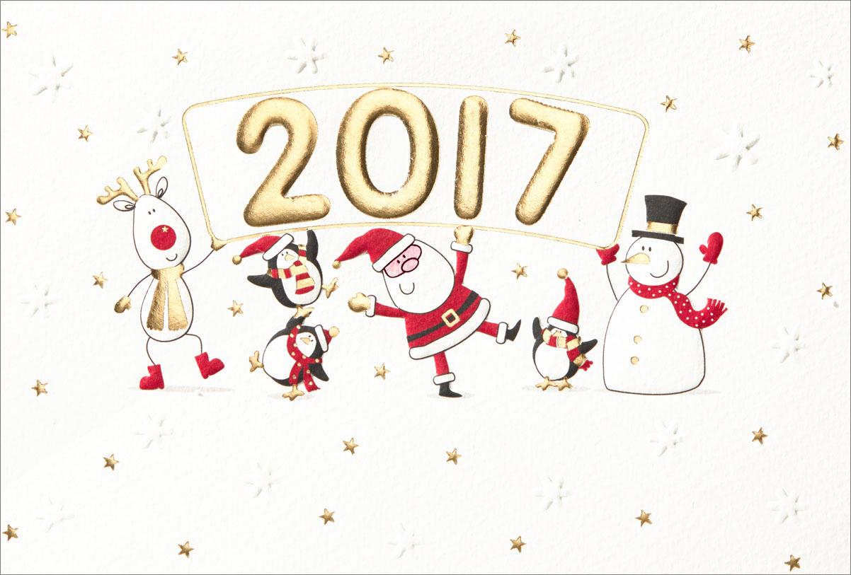 Festtagskarte creme mit lustigen Tieren Schneemann und Weihnachtsmann und Jahreszahl 2017