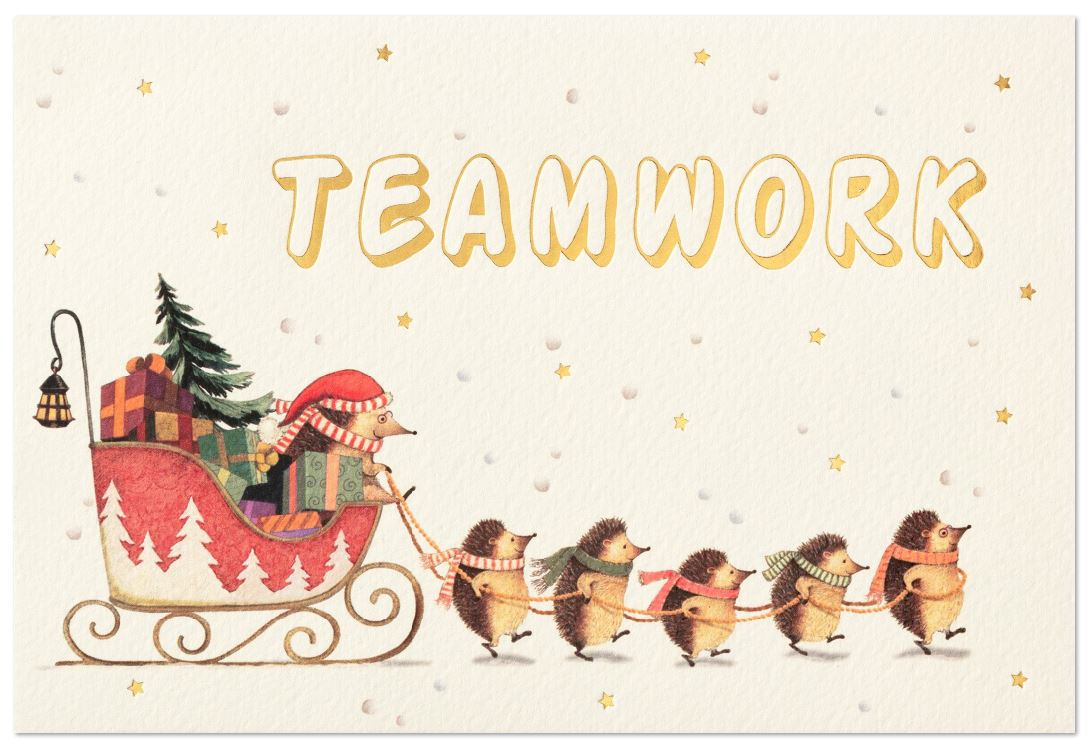 Lustige Team-Weihnachtskarte mit Igel beim Ziehen eines roten Schlittens mit Geschenken