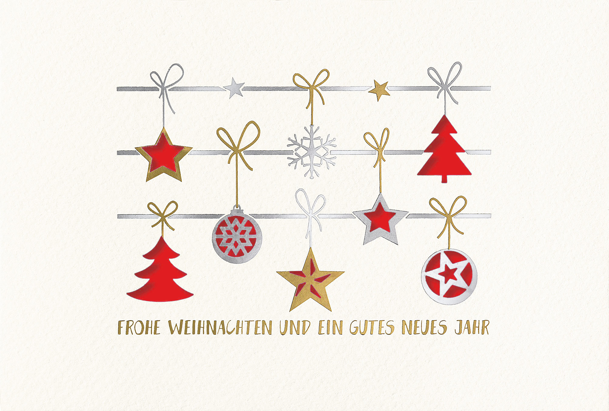 Weiße Weihnachtskarte mit Gold- und Silberfolienprägung sowie Stanzung, Einleger rot