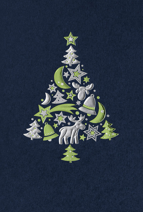 Weihnachtskarte nachtblau mit Weihnachtsbaum aus weihnachtlichen Symbolen in Silber und Grün