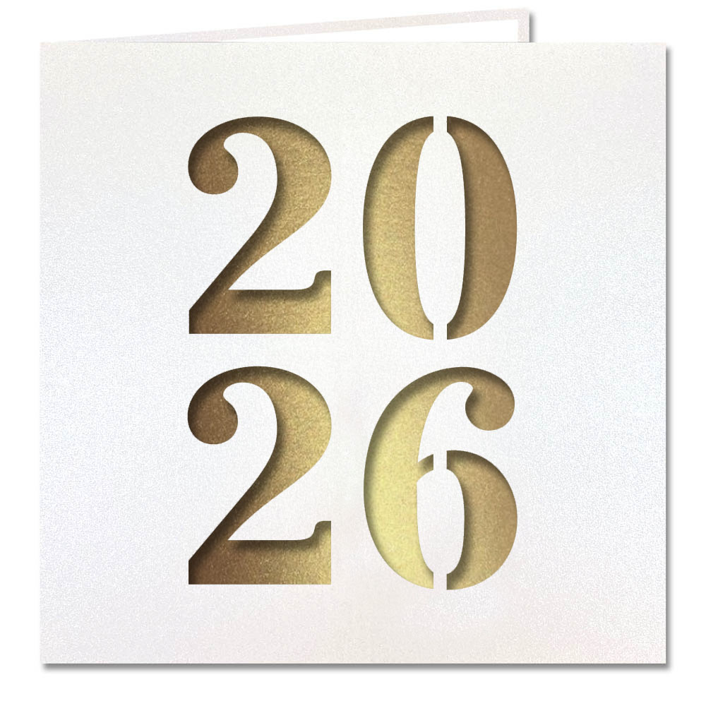 Metallic-Neujahrskarte weiß mit Jahreszahl 2026 Stanzung und goldfarbenem Einlegeblatt