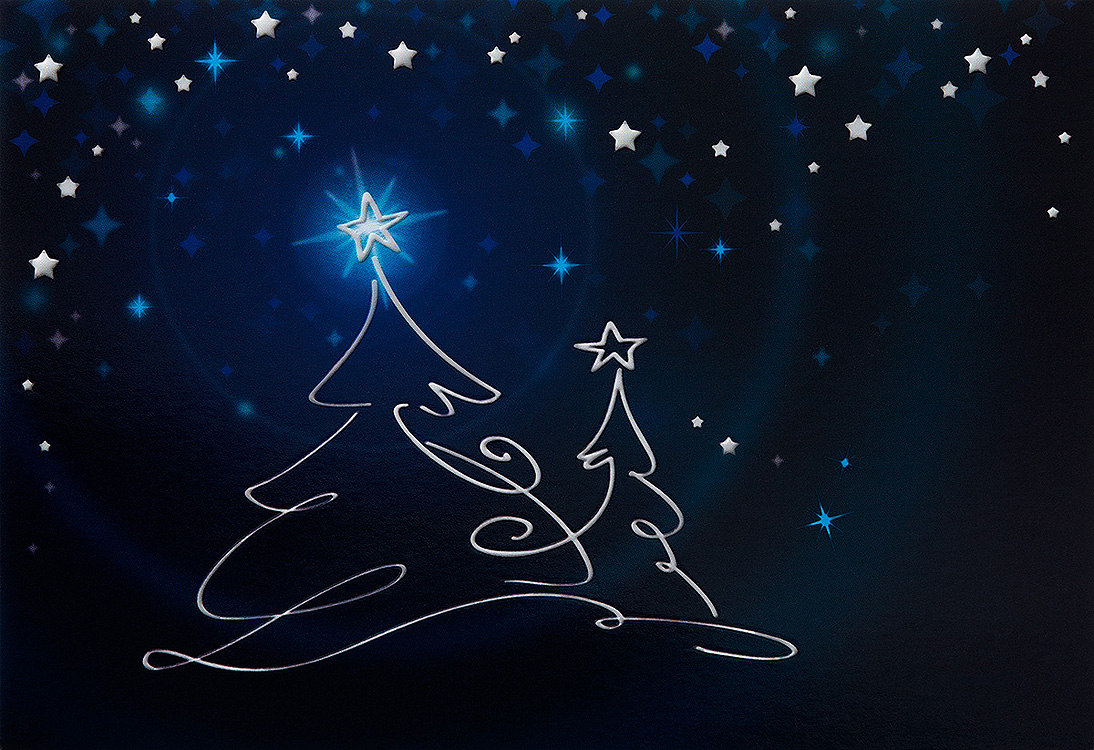 Weihnachtskarte blau mit zwei reliefgeprägten Weihnachtsbäumen