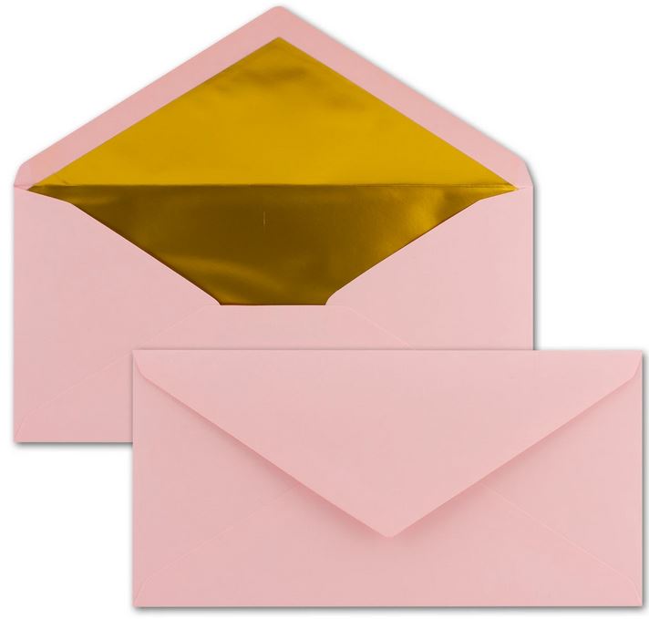 Briefumschlag DIN lang rosa mit Gold-Metallic-Innenfutter, nassklebend, 22x11 cm