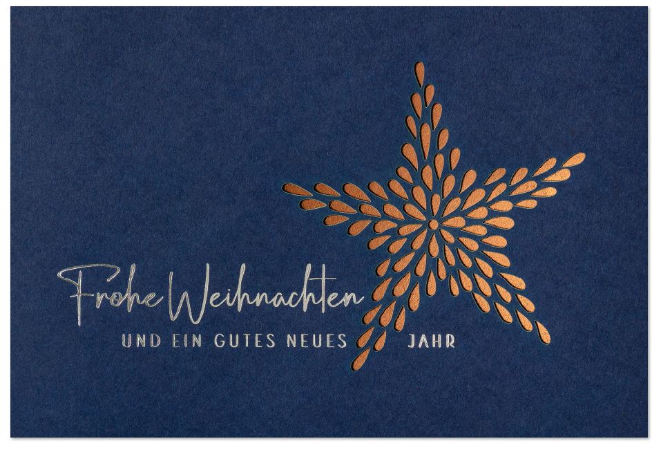 Blaue Laser-Weihnachtskarte mit silberner Prägung und filigraner Laserstanzung eines Sternes, Einleger kupfer