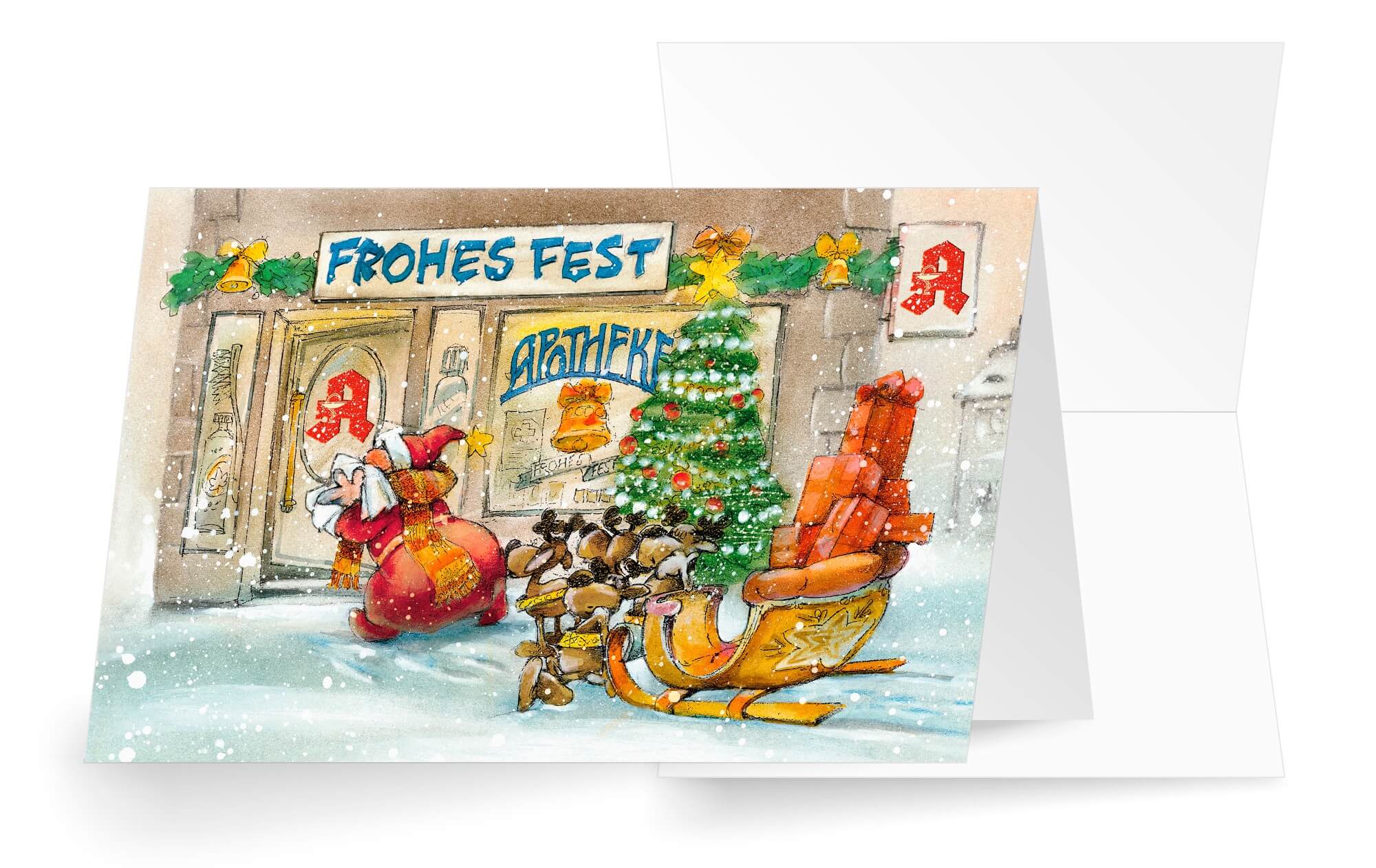 Fröhliche Weihnachtskarte mit krankem Weihnachtsmann vor einer Apotheke, mit Weihnachtsgruß