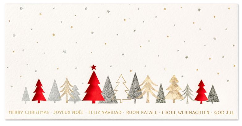 Internationale Weihnachtskarte "Edler Wald" mit Prägung in gold und silber sowie Stanzung von Tannen, Einleger rot