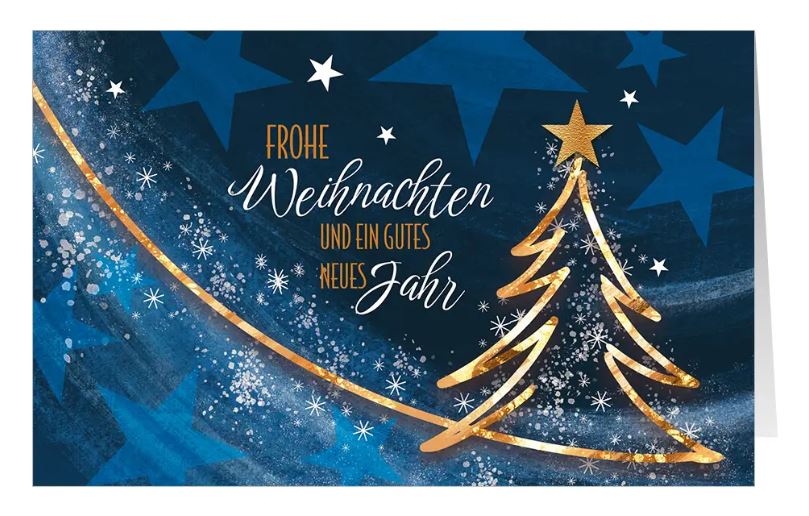 Blaue Spenden-Weihnachtskarte für Ärzte ohne Grenzen mit festlichem Weihnachtsbaum, Gruß und Sternen