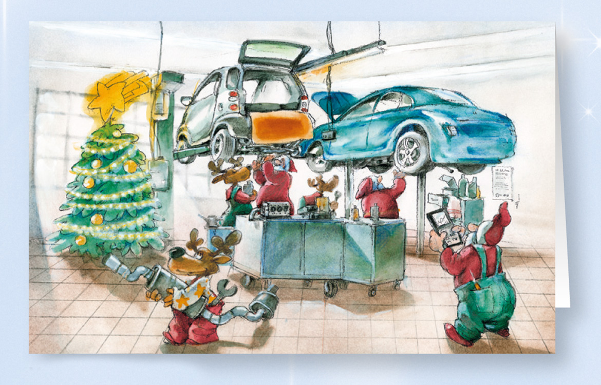 Weihnachtskarte Branchenkarte KFZ-Werkstatt mit Hebebühne