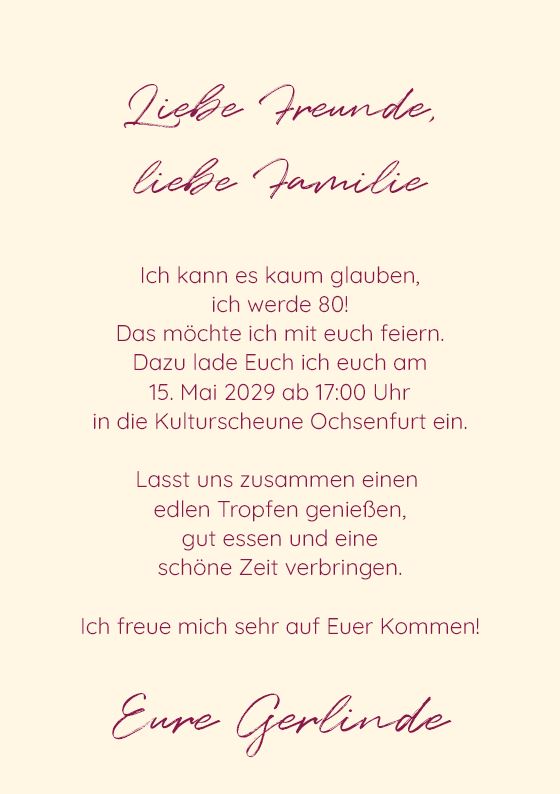 Festliche Einladungskarte zum 80. Geburtstag "Das Leben genießen" mit Weinglas und individueller Textgestaltung