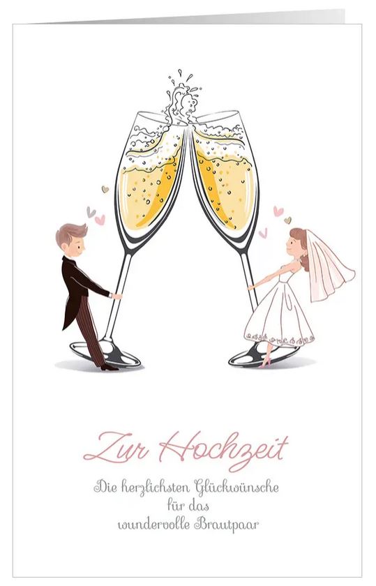 Romantische Hochzeits-Glückwunschkarte "Liebesglück" mit Sektgläsern und glücklichem Brautpaar