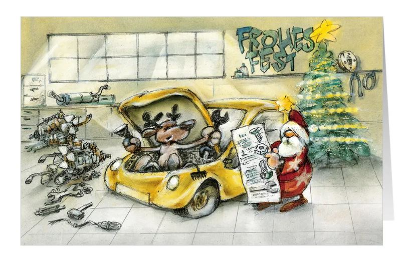 Weihnachtliche Branchenkarte "Festlicher Werkstattgruß" passend für KFZ-Instandsetzung, Autowerkstatt