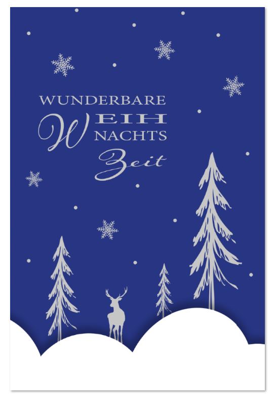 Zauberhafte Weihnachtskarte in blau mit Silberfoliendruck von Hirsch, Tannen und Sternen